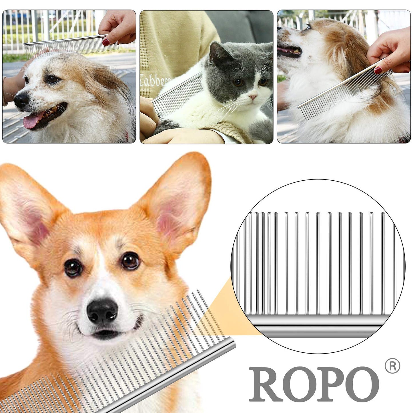 Dog Comb for Removing Matted Fur - Pet Dematting Comb with Rounded Teeth and Non-Slip Grip Handle - Prevents Knots and Mats for Long and Short Haired Pets (Round Handle, Bright Silver)