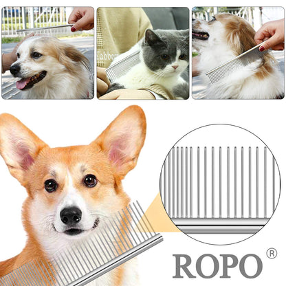 Dog Comb for Removing Matted Fur - Pet Dematting Comb with Rounded Teeth and Non-Slip Grip Handle - Prevents Knots and Mats for Long and Short Haired Pets (Round Handle, Bright Silver)
