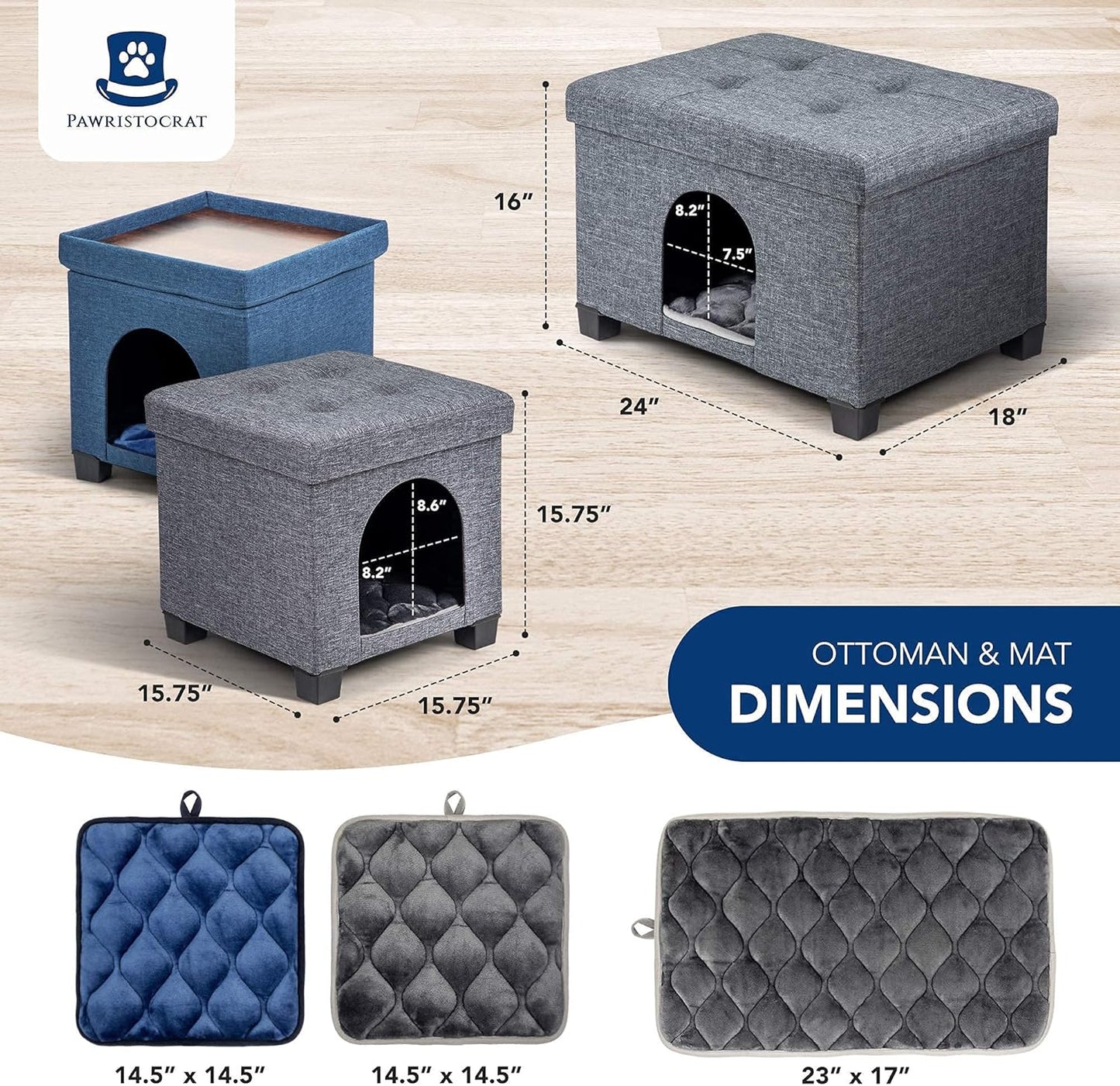Cat Bed - Unique Pet House Ottoman with Tray Table - Folding Footrest Seat - Large Cat Cube Condo - Pet Beds for Cats and Small Dogs with Fully Washable Mat - Navy Cube 15.75X15.75