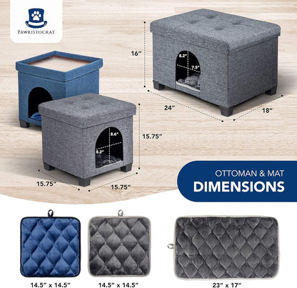 Cat Bed - Unique Pet House Ottoman with Tray Table - Folding Footrest Seat - Large Cat Cube Condo - Pet Beds for Cats and Small Dogs with Fully Washable Mat - Navy Cube 15.75X15.75