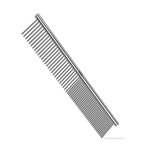 Dog Comb for Removing Matted Fur - Pet Dematting Comb with Rounded Teeth and Non-Slip Grip Handle - Prevents Knots and Mats for Long and Short Haired Pets (Round Handle, Bright Silver)