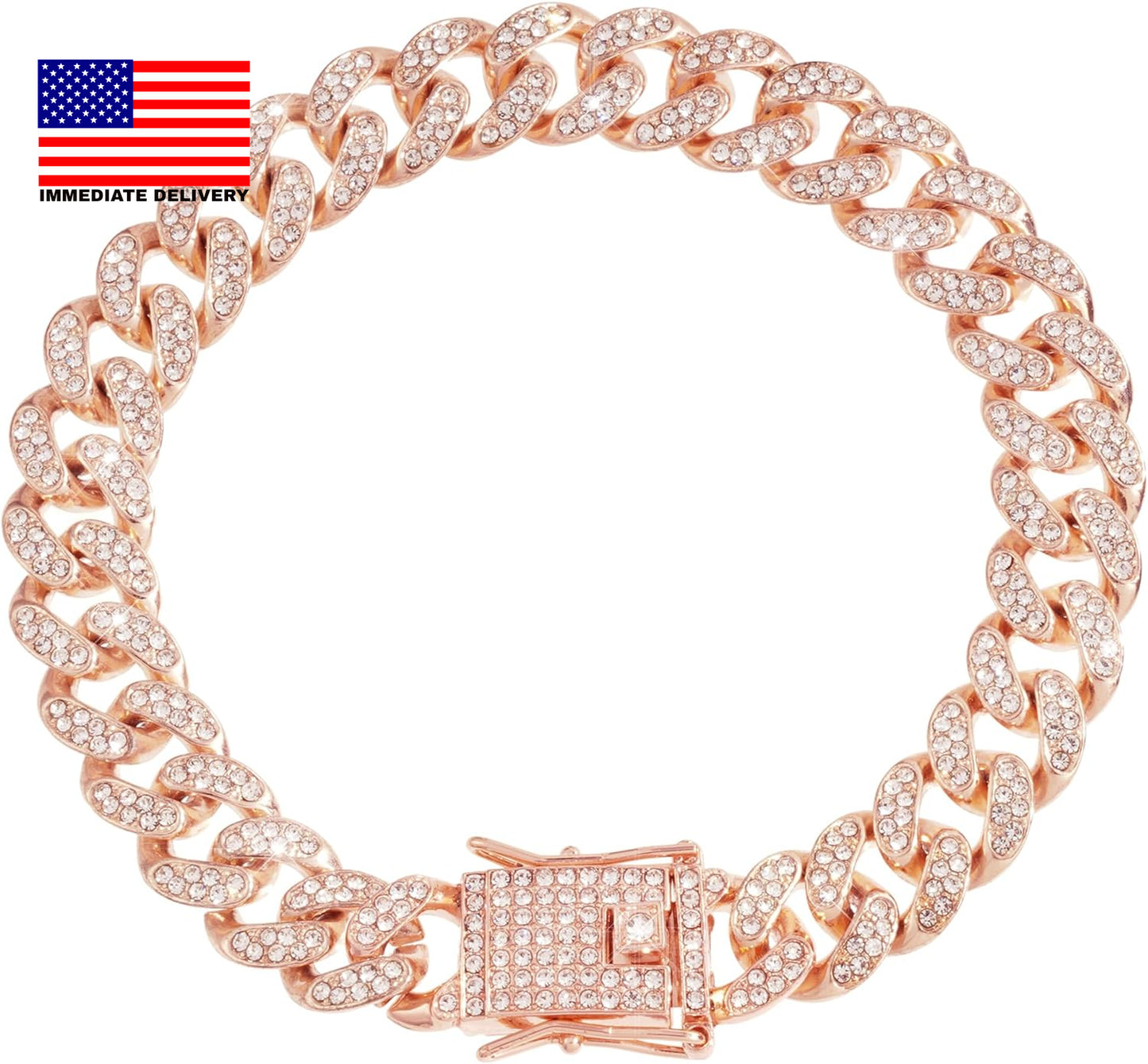 Dog Chain Cuban Diamond Link Rose Gold Pink Crystal Collar Jewelry Accessories P