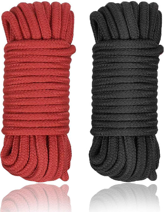 TONG&YA 2 Pack Soft Cotton Rope, Multipurpose Durable Long Rope Craft Colored Rope, 32 Feet10M Soft Twisted Cotton Knot Tying Rope Cord, Utility Braided Cotton Rope (Black+Red)