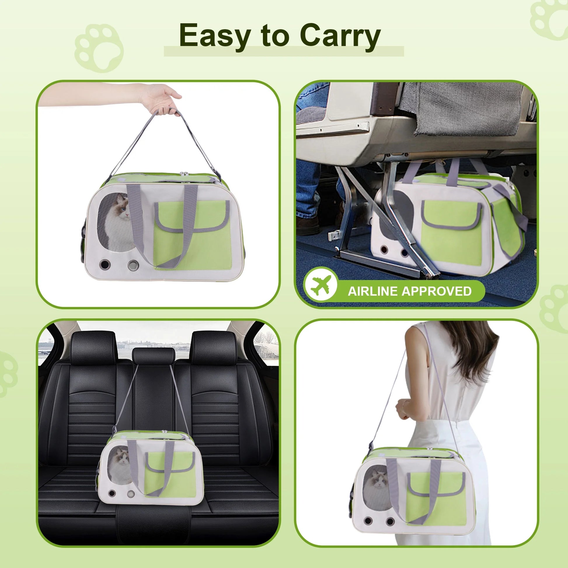 Cat Carrier, Large Pet Carriers Soft Sided Dog Carrier up to 15 Lbs, 4-Windows Foldable Cat Bag, Portable Travel Carriers for Medium Large Cats Small Dog Puppy Kitten Airline Approved (Green)