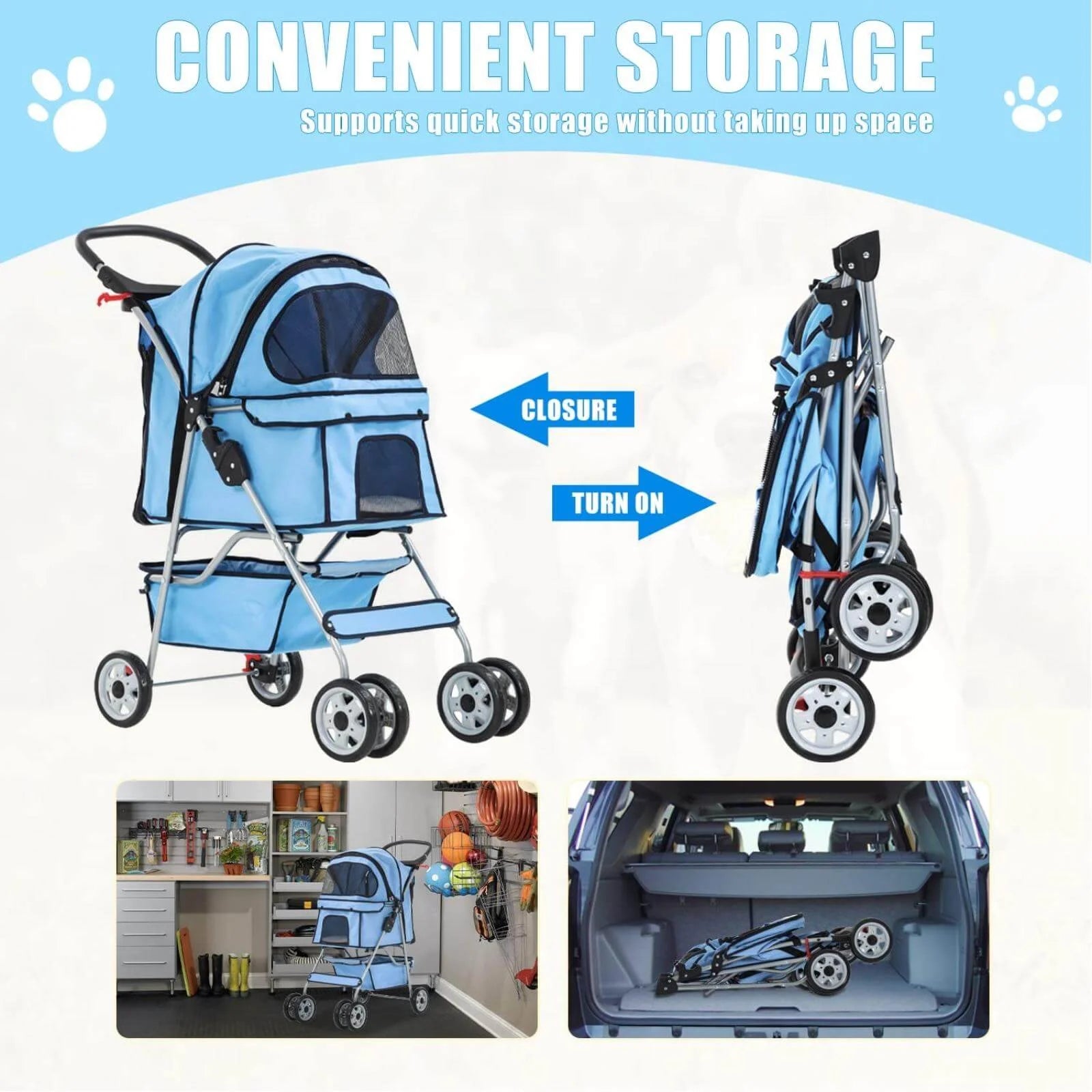 4 Wheels Pet Stroller Foldable Dog Stroller Cat Stroller with Cup Holders& Storage Basket for Small Medium Dogs, Blue