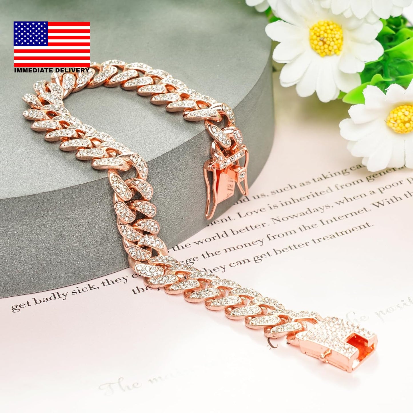 Dog Chain Cuban Diamond Link Rose Gold Pink Crystal Collar Jewelry Accessories P