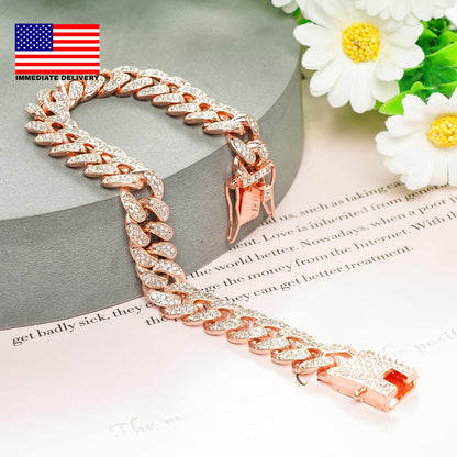 Dog Chain Cuban Diamond Link Rose Gold Pink Crystal Collar Jewelry Accessories P